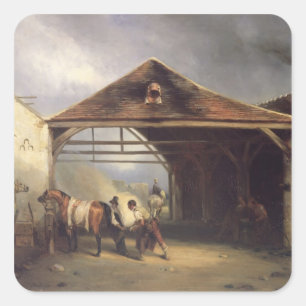Ein Hufschmied, der ein Pferd beschuht Quadratischer Aufkleber