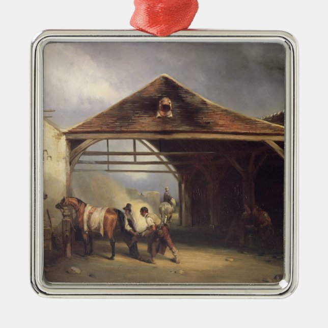 Ein Hufschmied, der ein Pferd beschuht Silbernes Ornament (Vorne)