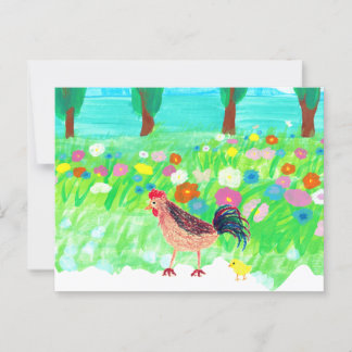 Ein Huhn und ein Baby Kick im Garten Postkarte