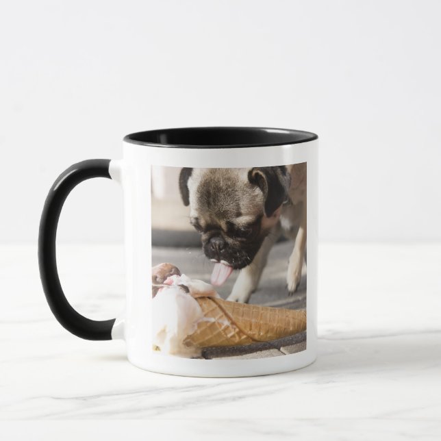 Ein Hund, der eine Eiscreme von einer Plasterung Tasse (Links)