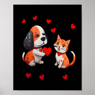 Ein Hund, der mir ein rotes Herz bietet, eine Katz Poster