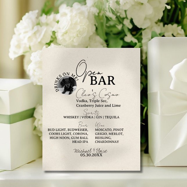 Ein Hund Foto Hochzeit Signature Drink Open Bar Sockelschild (This One Dog Wedding Signature Drink Bar Sign is perfect for any wedding reception!)