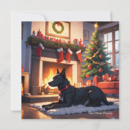 Ein Hund mit einem Weihnachtsbaum und einem Kamin Feiertagskarte