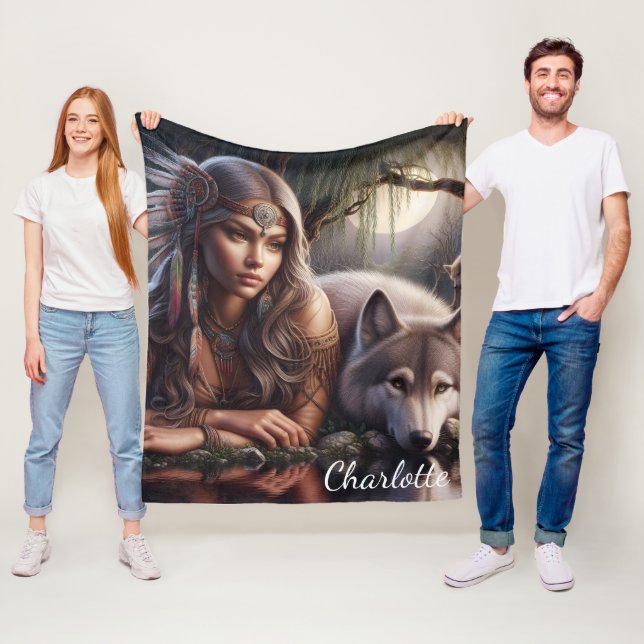 Ein indischer Ureinwohner und ein Wolf, der am Was Fleecedecke (Beispiel)