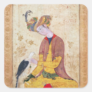 Ein Jäger, der seinen Falken streichelt Quadratischer Aufkleber