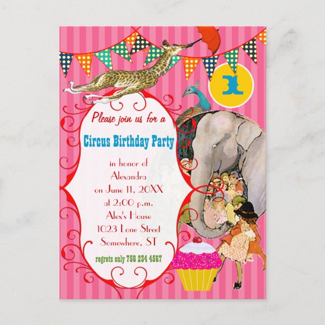 Ein Jahr alter Zirkus Elephant Peacock Giraffe Par Einladungspostkarte (Vorderseite)