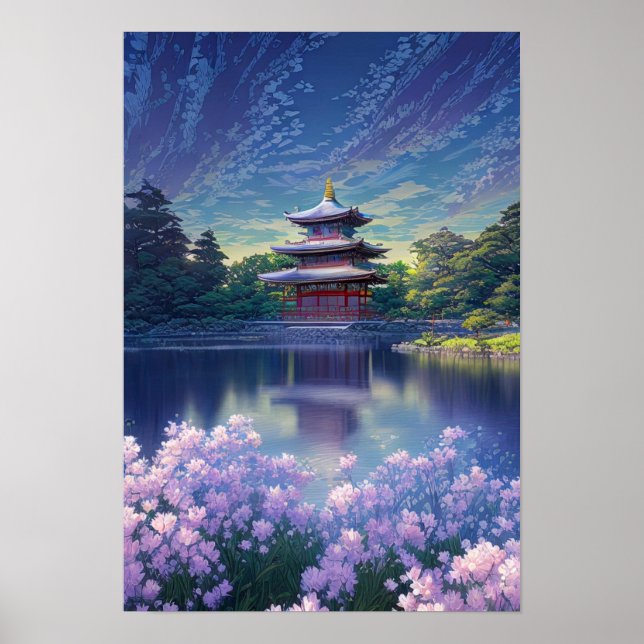 Ein japanischer Tempel am See Poster (Vorne)