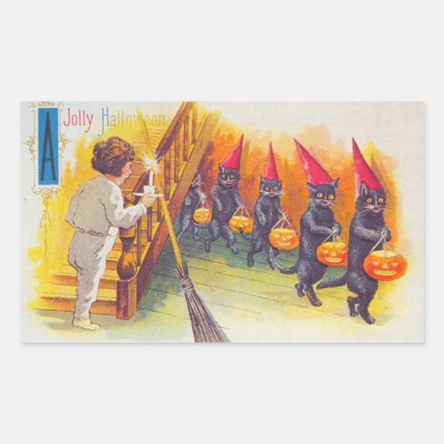 Ein Jolen Halloween-Schwarze Katzen mit Kürbiskins Rechteckiger Aufkleber (Vorderseite)