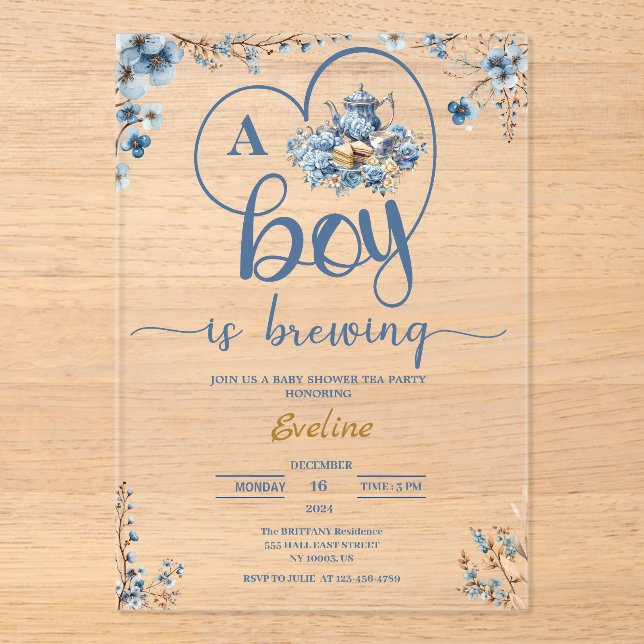 Ein Junge braut Tee Party Blossom Babydusche Acryleinladungen (Vorderseite)