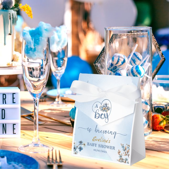 Ein Junge braut Tee Party Boy Baby Dusche Geschenkschachtel (blue teapot filled with pastel florals, charming blueberries, golden branches, eucalyptus sprigs, )