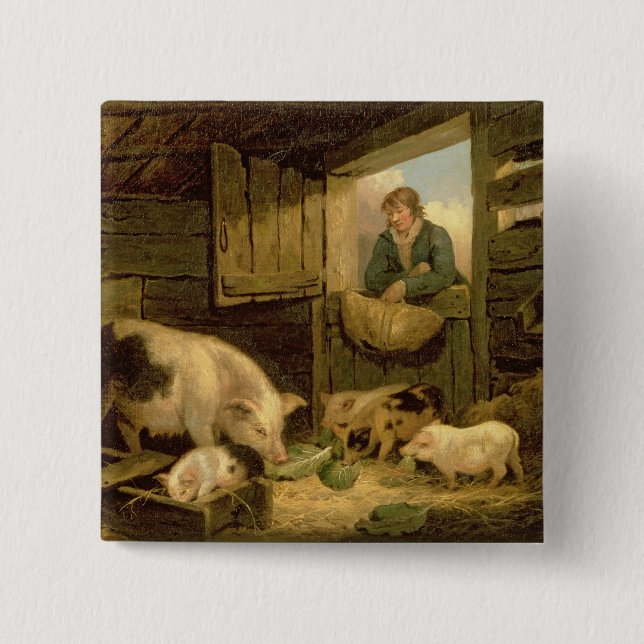 Ein Junge, der einen Schwein-Schweinestall, 1794 Button (Vorderseite)