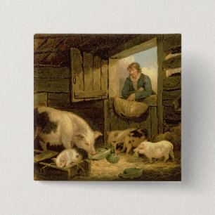 Ein Junge, der einen Schwein-Schweinestall, 1794 Button