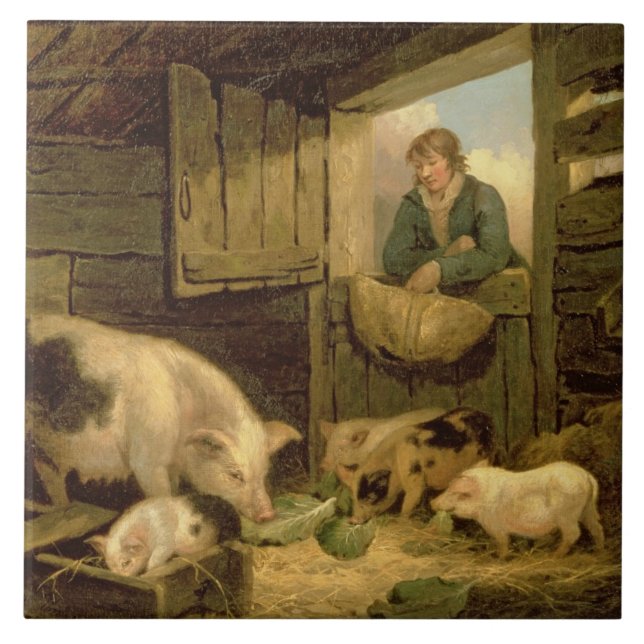 Ein Junge, der einen Schwein-Schweinestall, 1794 Fliese (Vorderseite)