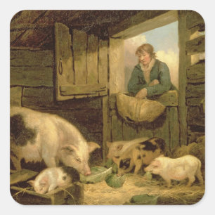 Ein Junge, der in einen Schweinestall schaut, 1794 Quadratischer Aufkleber