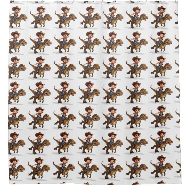 Ein Junge, der mit einem T-Rex-Duschvorhang fährt Duschvorhang (Vorderseite)