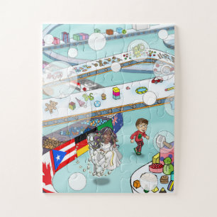 Ein Junge, eine Rollstuhlfahrerin und Spielzeuge J Puzzle