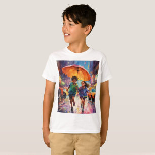 Ein Junge und ein Mädchen, das sich über das Rain- T-Shirt