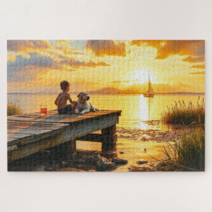 Ein Junge und sein Hund am See bei Sonnenuntergang Puzzle