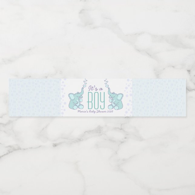 Ein Junge zwei duschende blaue Elefanten Wasserflaschenetikett (Einzelnes Label)