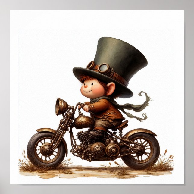 Ein junger glücklicher Junge fährt ein Steampunk-M Poster (Vorne)