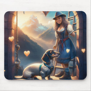 Ein junges Alpenmädchen und ihre liebende Dackel Mousepad