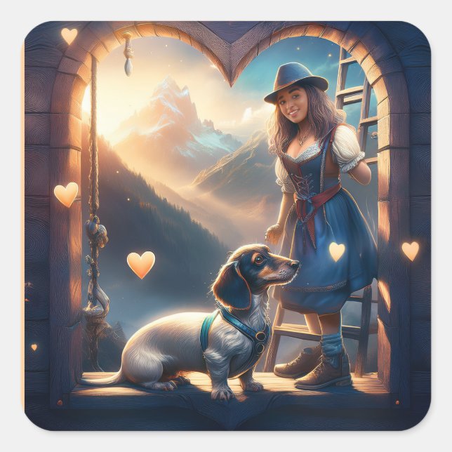 Ein junges Alpenmädchen und ihre liebende Dackel Quadratischer Aufkleber (Vorderseite)