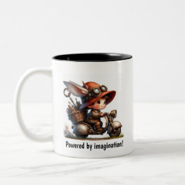 Ein junges glückliches Kind, das mit einem Steampu Zweifarbige Tasse