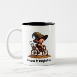 Ein junges glückliches Kind, das mit einem Steampu Zweifarbige Tasse