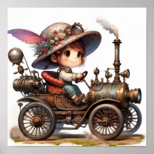 Ein junges glückliches Kind fährt ein Steampunk-Fa Poster