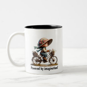 Ein junges glückliches Kind fährt ein Steampunk-Fa Zweifarbige Tasse
