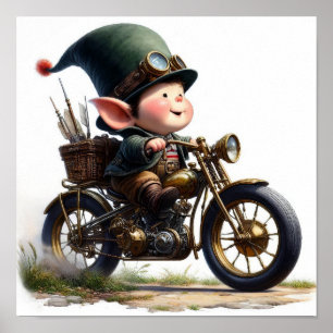 Ein junges glückliches Kind fährt ein Steampunk-Mo Poster