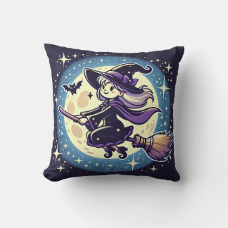 Ein Kissen, auf dem eine Hexe unter dem Mond flieg Kissen