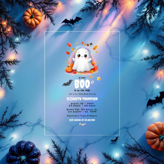 "Ein kleiner Boo ist unterwegs" Halloween-Kinderdu Acryleinladungen ("A Little Boo is on the Way" Halloween Baby Shower Acrylic Invitations)