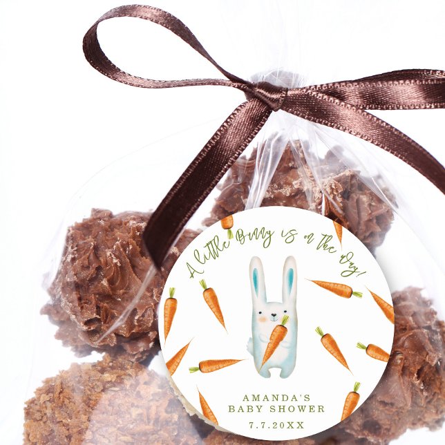 Ein kleiner Bunny ist unterwegs! Babyparty Runder Aufkleber (Von Creator hochgeladen)