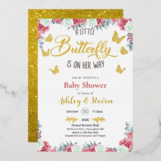 Ein kleiner Butterfly ist auf dem Weg Baby Dusche  Folieneinladung (Vorderseite/Rückseite)