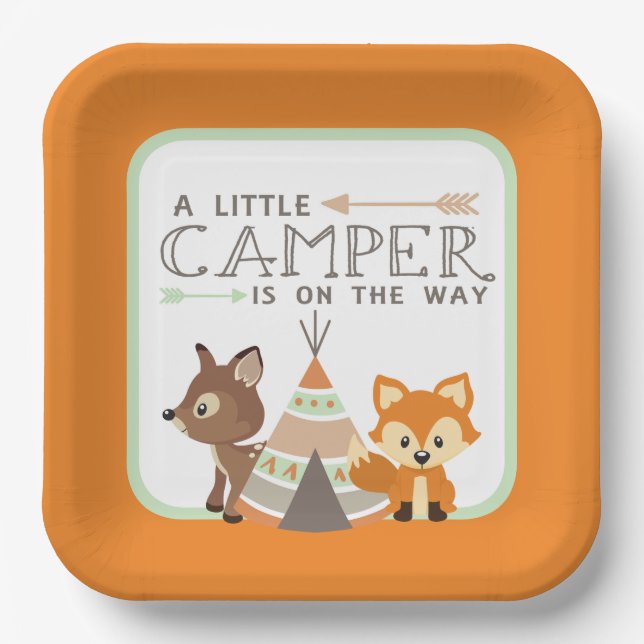 Ein kleiner Camper Teepee Babydusche Orange Pappteller (Vorderseite)