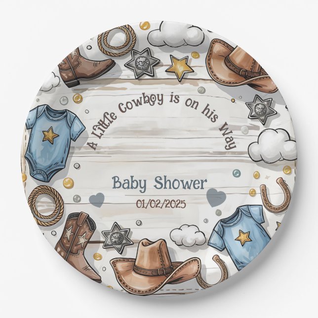 Ein kleiner Cowboy ist auf dem Weg Babydusche Pappteller (Vorderseite)