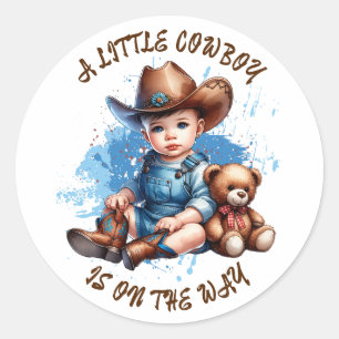 Ein kleiner Cowboy ist unterwegs   Babyparty Runder Aufkleber