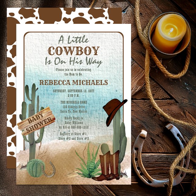 Ein kleiner Cowboy Western Boy Baby Dusche Einladu Einladung (Rustic Western "A Little Cowboy Is On His Way" Boy Baby Shower Invitation)