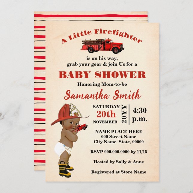 Ein kleiner Feuerwehrmann ist auf dem Weg OM Babyd Einladung (Vorne/Hinten)