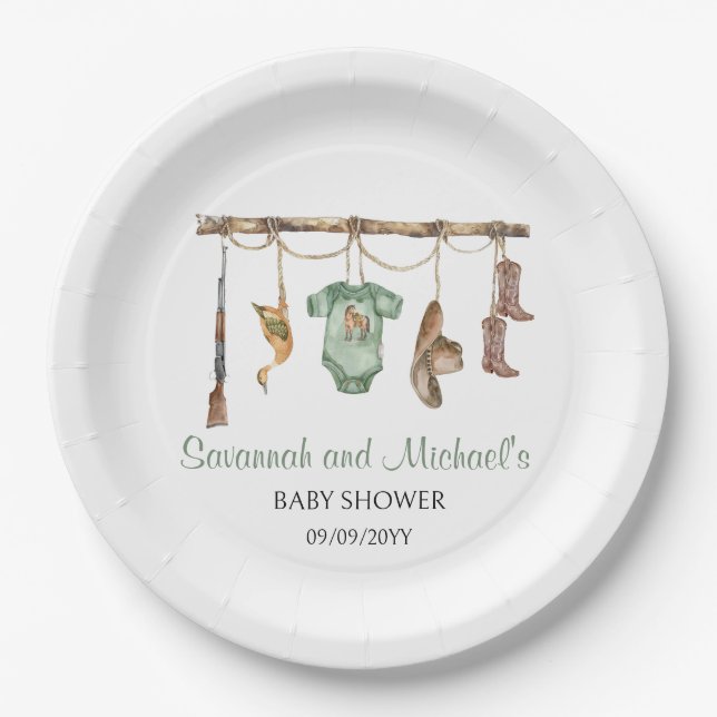 Ein kleiner Jäger ist auf dem Weg Baby Shower Part Pappteller (Vorderseite)