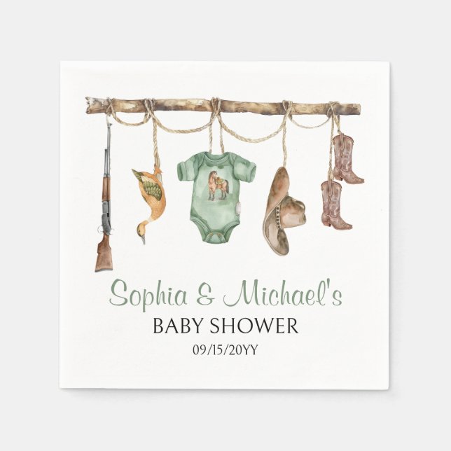 Ein kleiner Jäger ist auf dem Weg zum Baby Dusche  Serviette (Vorderseite)