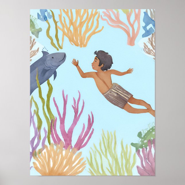 Ein kleiner Junge, der im karibischen Meer tauchen Poster (Vorne)