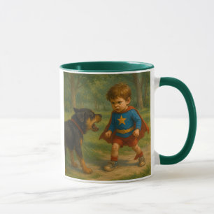 Ein kleiner Junge im Gesicht eines bösen Hundes. Tasse