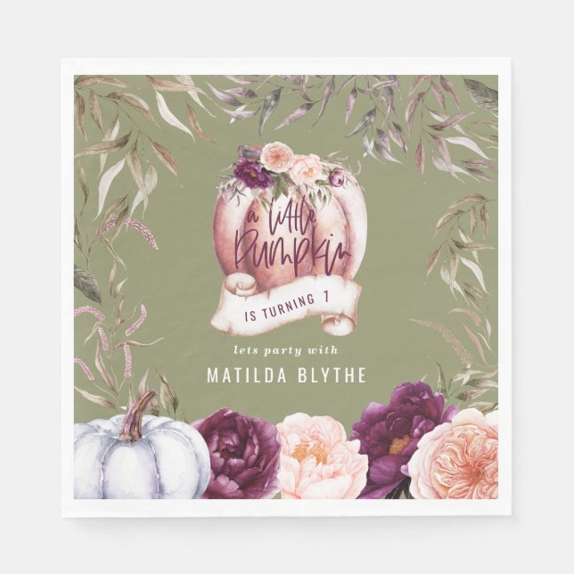 Ein kleiner Kürbis, blumengeschmückt Herbst 1. Geb Serviette (Vorderseite)