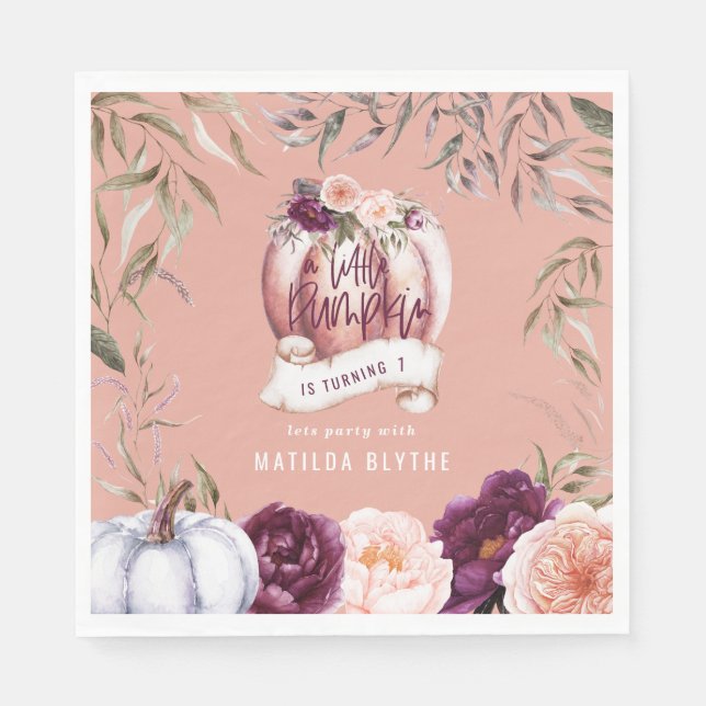 Ein kleiner Kürbis, blumengeschmückt Herbst 1. Geb Serviette (Vorderseite)