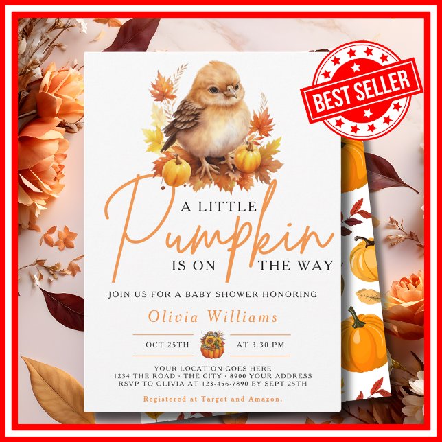 Ein kleiner Kürbis Herbst NIEDLICHE BIRD Babydusch Einladung (A Little Pumpkin is on the Way Fall Autumn CUTE BIRD Baby Shower Invitation)