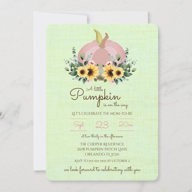 Ein kleiner Kürbis ist auf dem Weg Baby Shower Inv Einladung (Vorderseite)