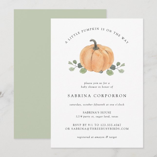 Ein kleiner Kürbis ist auf dem Weg Fall Wasserfarb Einladung (Vorne/Hinten)