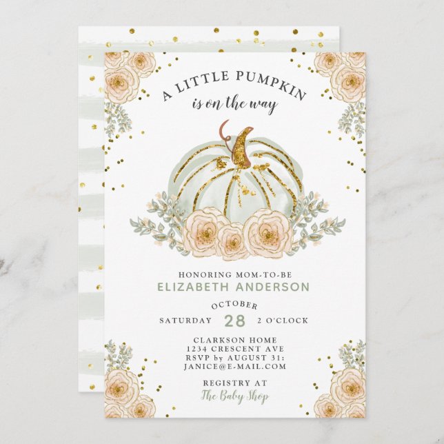 Ein kleiner Kürbis ist auf dem Weg süße blumige Mi Einladung (Vorne/Hinten)